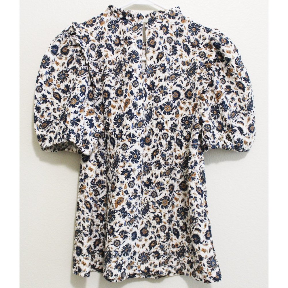 NWT LOFT Floral Textured Ruffle Puff Sleeve Top - Picture 6 of 6